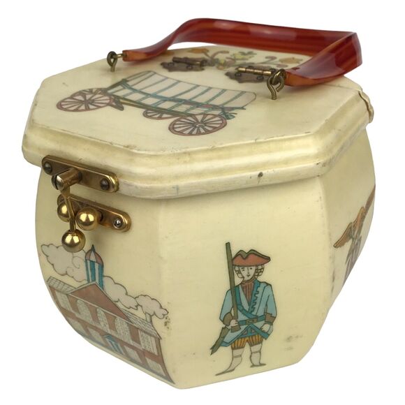 Vintage Wooden Decoupage Box Purse Octagonal Satchel Lucite Handle Fabric Lined - Picture 1 of 10